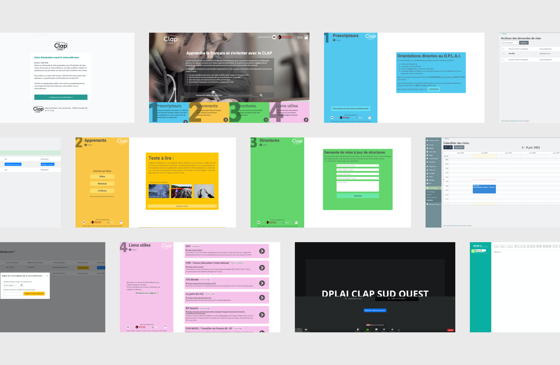 Création d'un outil numérique pour l'association du Clap. Cet outil a pour objectif d'évaluer le niveau de Français d'une personne et de la guider vers une association pour améliorer celui-ci. Cet outil dispose également d'un site de visioconférence pour l'évaluation directe du niveau.